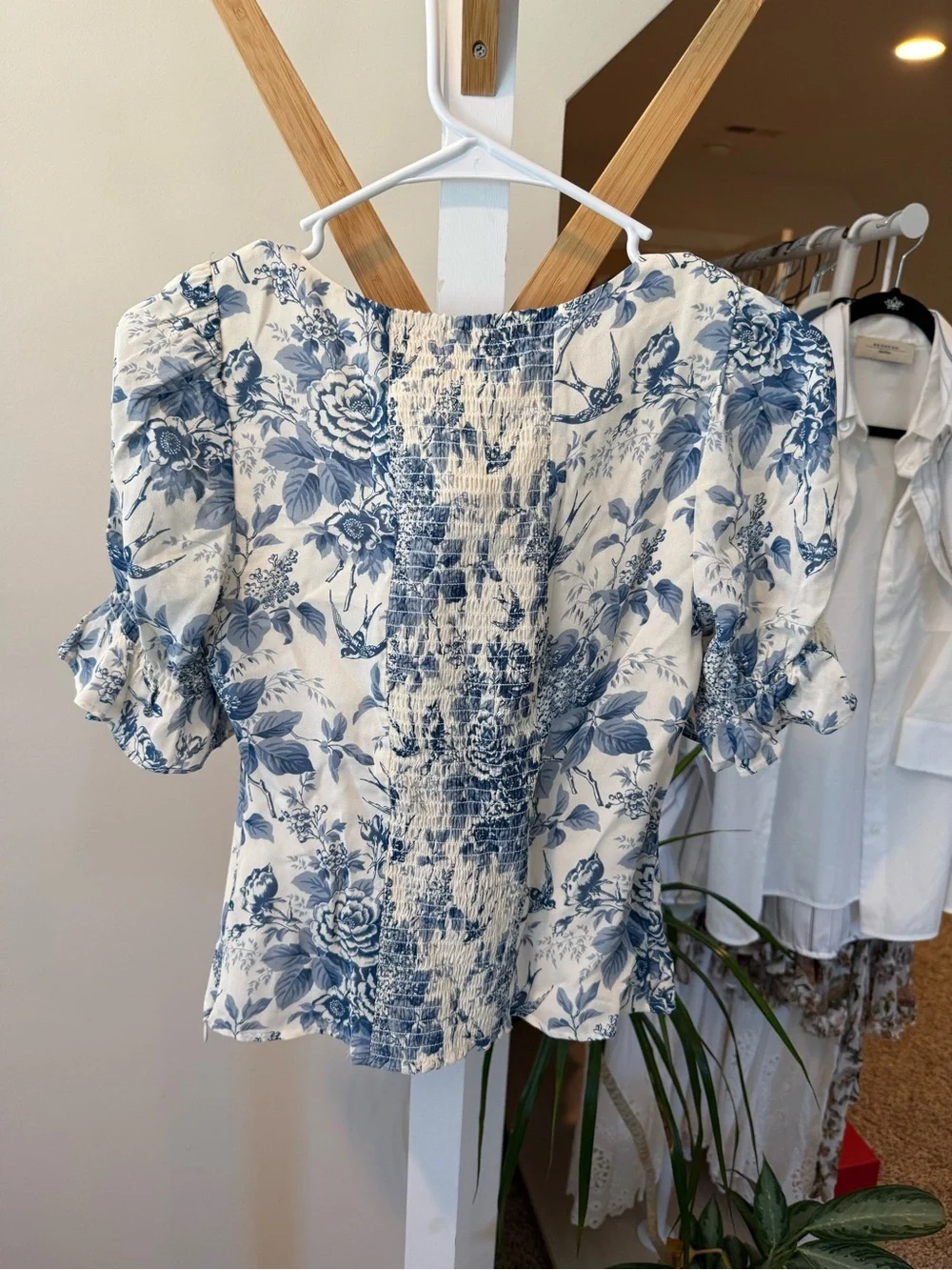 Reformation Blue and Cream Floral Puff-Sleeve Top